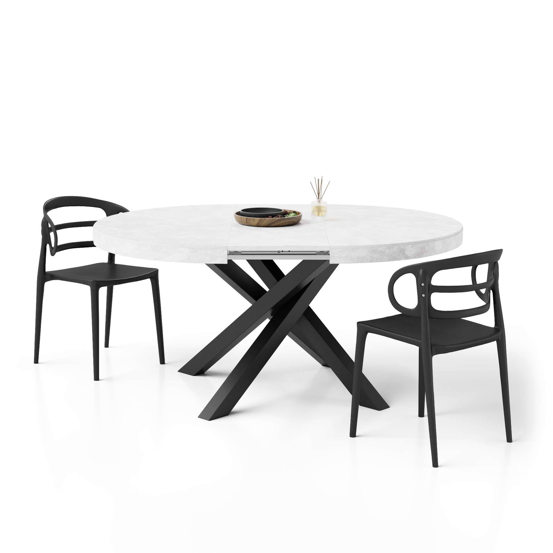 Mobili Fiver Table ronde extensible Emma, Blanc Béton avec pieds noirs croisés