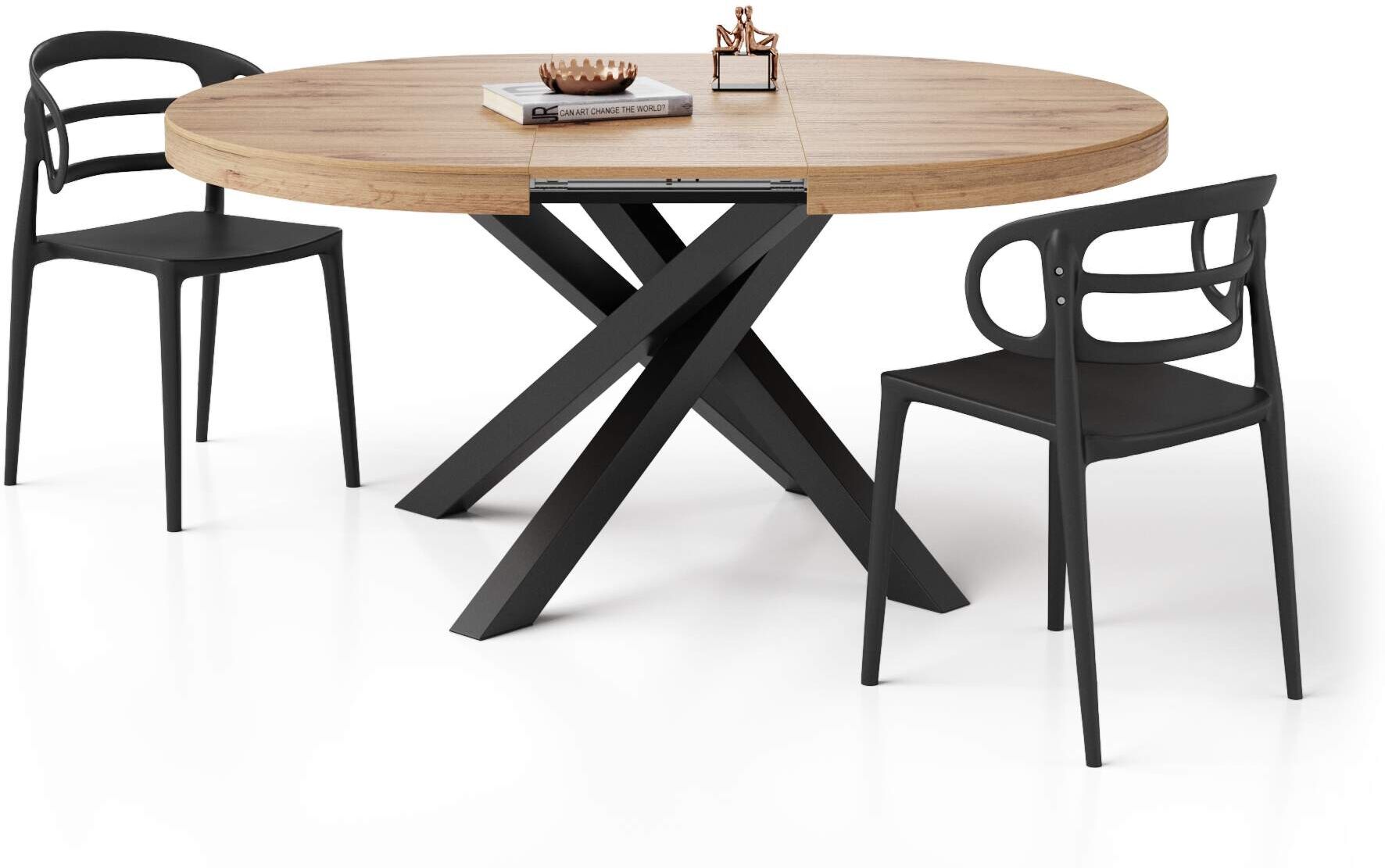 Mobili Fiver Table ronde extensible Emma, Bois Rustique, avec pieds noirs croisés