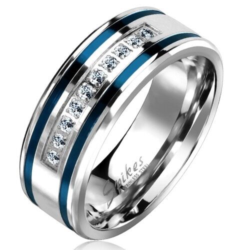HommeBijoux Bagues/alliances - bague anneau de fiançailles promesse homme acier lignes bleues zircons
