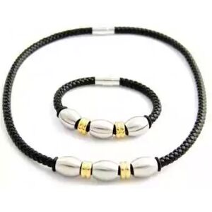 HommeBijoux Parure Bracelet Et Collier Pour Homme Cuir Noir Et Acier Inoxydable 50cm