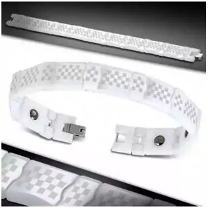 HommeBijoux Bracelet Gourmette Homme Céramique Blanche Et Damier Noir 21cm 13mm L - Longueur Bracelet 21cm → Tour De Poignet 19cm (taile Plus Populaire)