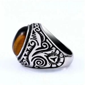 HommeBijoux Bague Chevalière Homme Acier Couleur Argent Tribal Et Oeil De Tigre Fr 59-60 (us 9)