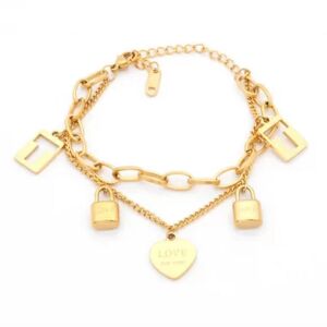 HommeBijoux Bracelet Femme Acier Doré À L'or Fin Double Chaine Coeur 5 Breloques