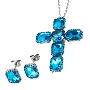 HommeBijoux Parure Chaine Pendentif Croix Et Boucles D'oreilles Femme Acier Cristaux Bleu