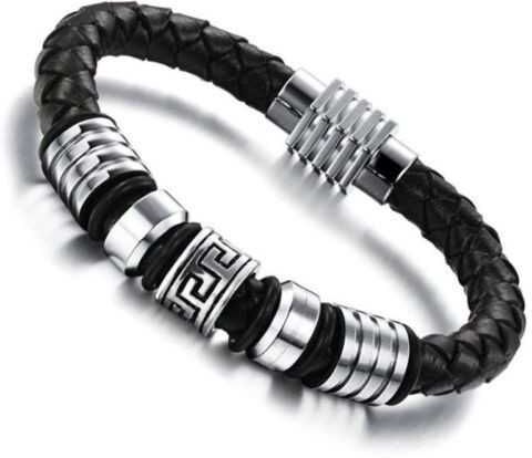 HommeBijoux Bracelet homme cuir tressé et perle grecque fermoir acier aimanté 22cm HommeBijoux Bracelet homme cuir tressé et perle grecque fermoir acier aimanté 22cm