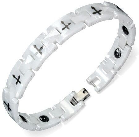 HommeBijoux Gourmette homme femme en céramique blanche magnétique croix noire 18cm