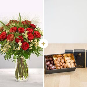 Bouquet Rouge idylle et ses amandes au chocolat - Fleurs & Cadeaux - Interflora