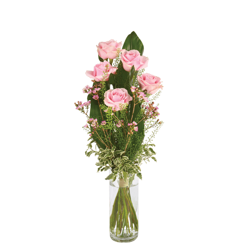 Interflora Flamingo : bouquet aérien de roses roses et aspidistra