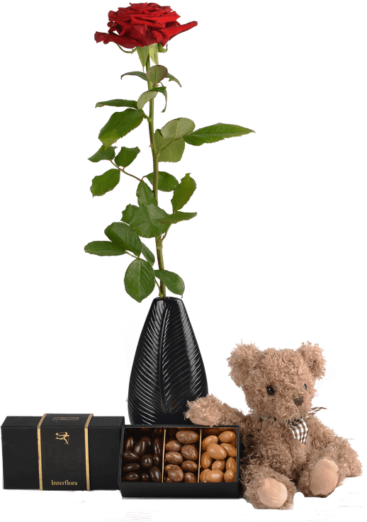 Cadeau livré en 4H : Rose rouge, Chocolats et Peluche - Interflora