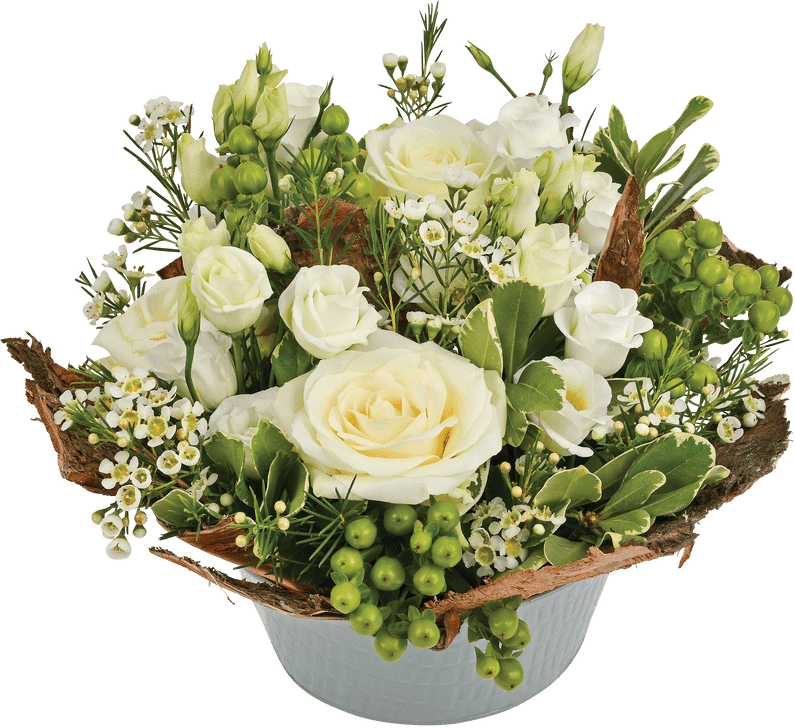 Interflora Cocon : assemblage de fleurs piquées tons vert et blanc