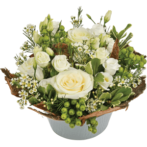 Interflora Cocon : assemblage de fleurs piquées tons vert et blanc