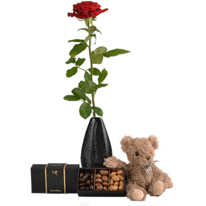 Cadeau livré en 4H : Rose rouge, Chocolats et Peluche