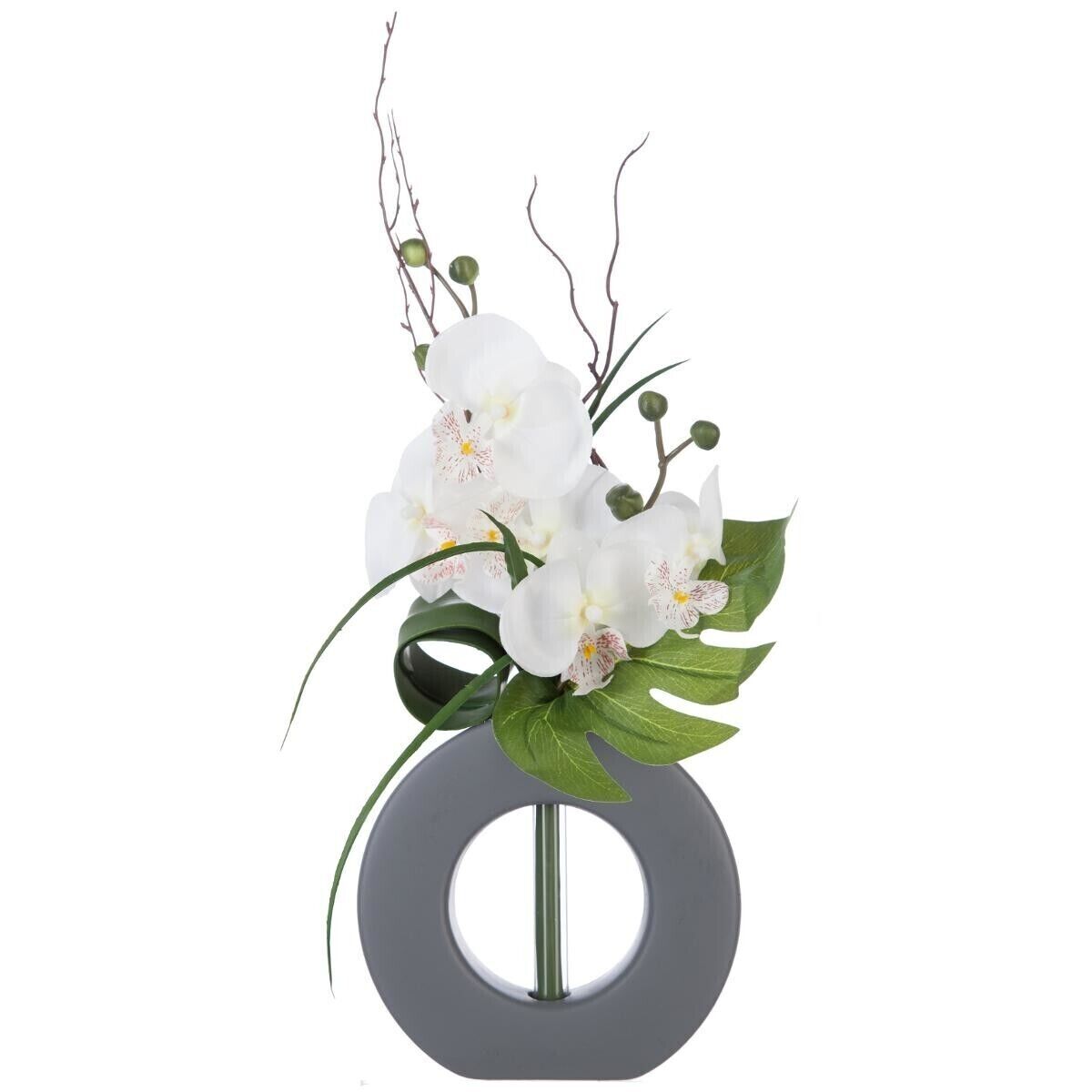 Atmosphera Composition d'orchidées artificielles, vase en céramique, gris H44 cm  - Gris ardoise,Kaki
