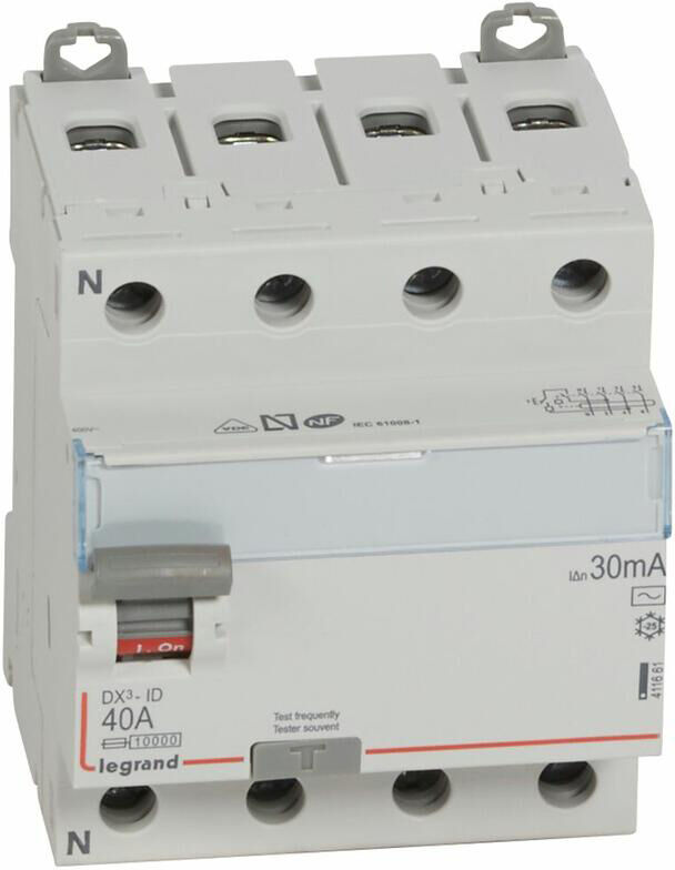 Interrupteur différentiel DX³-ID arrivée haute et départ bas à vis 4P 400V type AC 4 modules 30mA 40A - LEGRAND - 411661