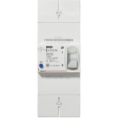Disjoncteur de branchement BACO bipolaire différentiel 500 mA instantané 45 A LEGRAND 021001 - Publicité Disjoncteur de branchement BACO bipolaire différentiel 500 mA instantané 45 A LEGRAND 021001 - Publicité