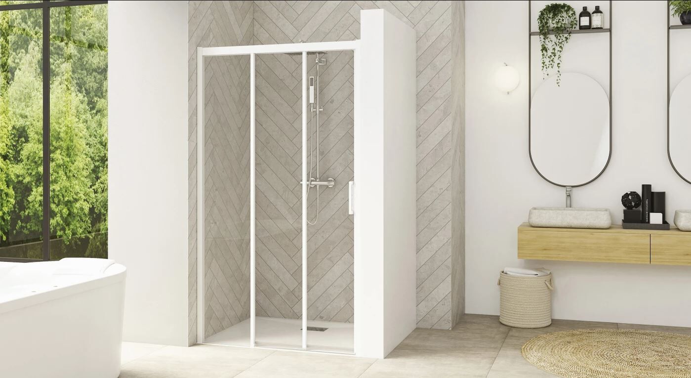 Paroi de douche SMART DESIGN 3V coulissants 140 profilé blanc avec verre transparent gauche - KINEDO - PA90268BTNEG