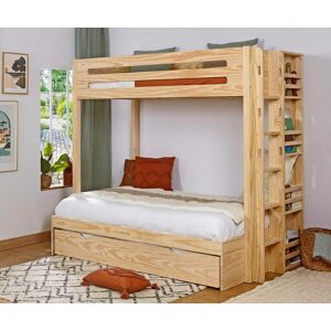 Ma Chambre d'Enfant Lit superpose gigogne adulte 3 places Burton  Bois naturel 90-120x190 cm/Opt:Sommier gigogne 70x190 cm