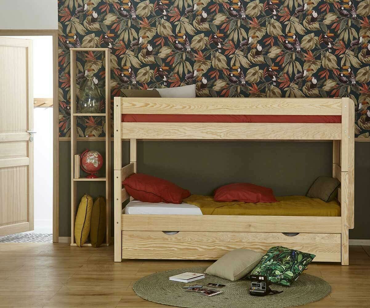 Ma Chambre d'Enfant Lit superposé bas gigogne enfant 3 places Kids  Bois naturel 90x190 cm