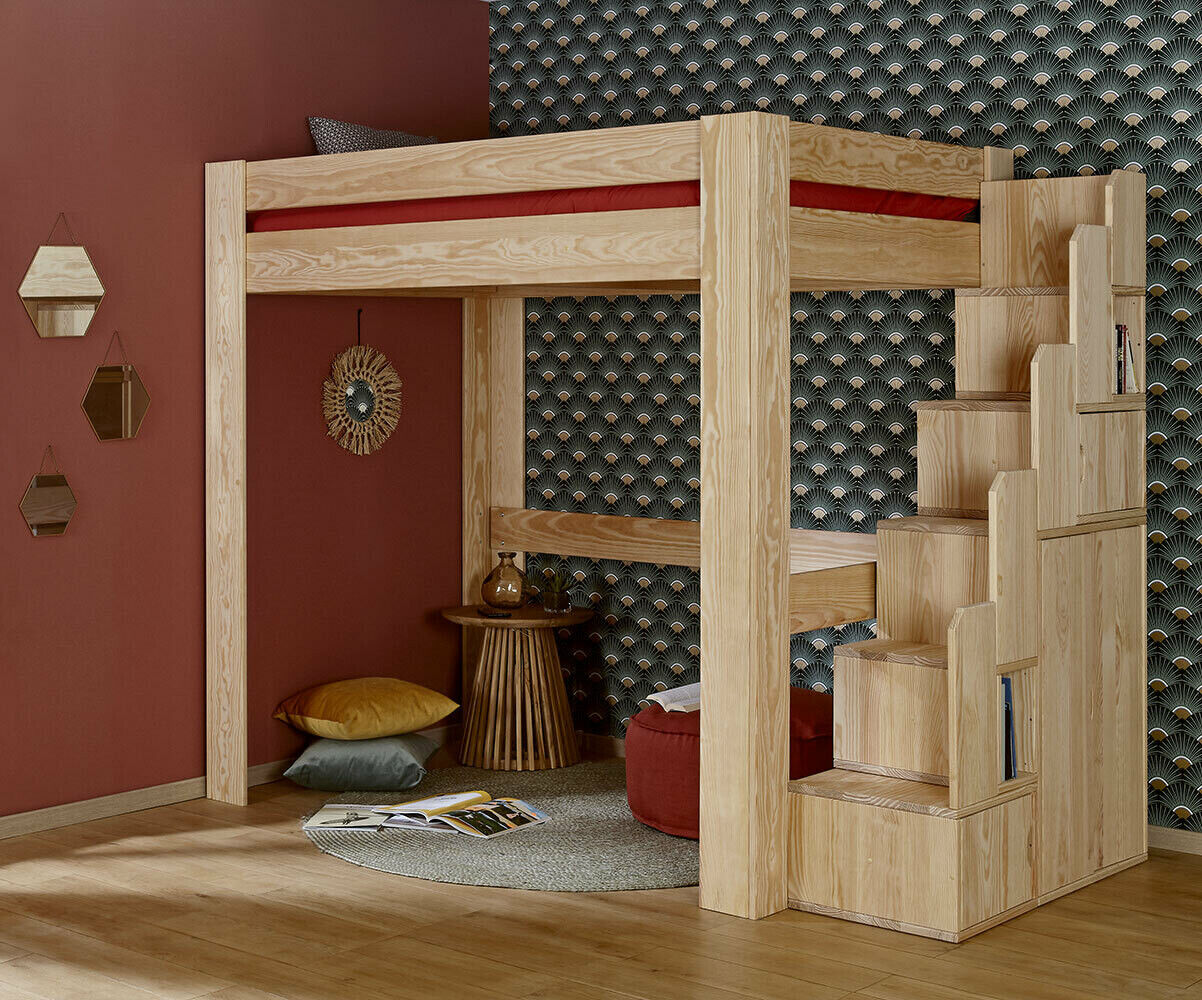 Ma Chambre d'Enfant Lit mezzanine adulte 2 places avec escalier Naolo  Bois naturel 120x190 cm