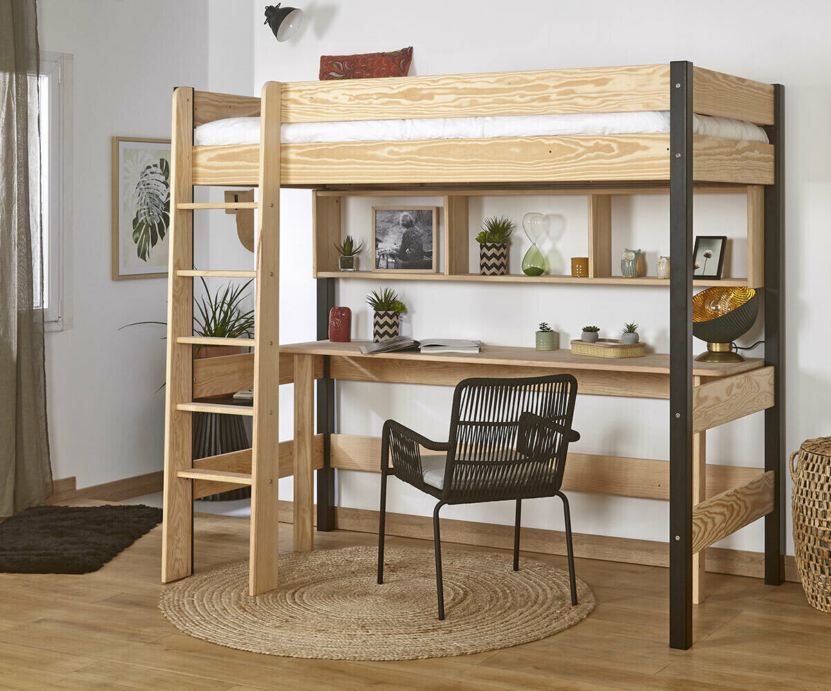 Ma Chambre d'Enfant Lit mezzanine enfant avec bureau Clay Noir et bois 90x190 cm