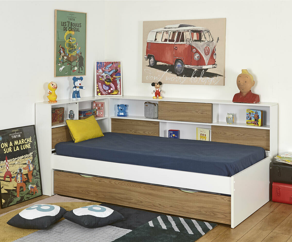 Ma Chambre d'Enfant Lit enfant avec rangements Mino Blanc et noisette 90x190 cm
