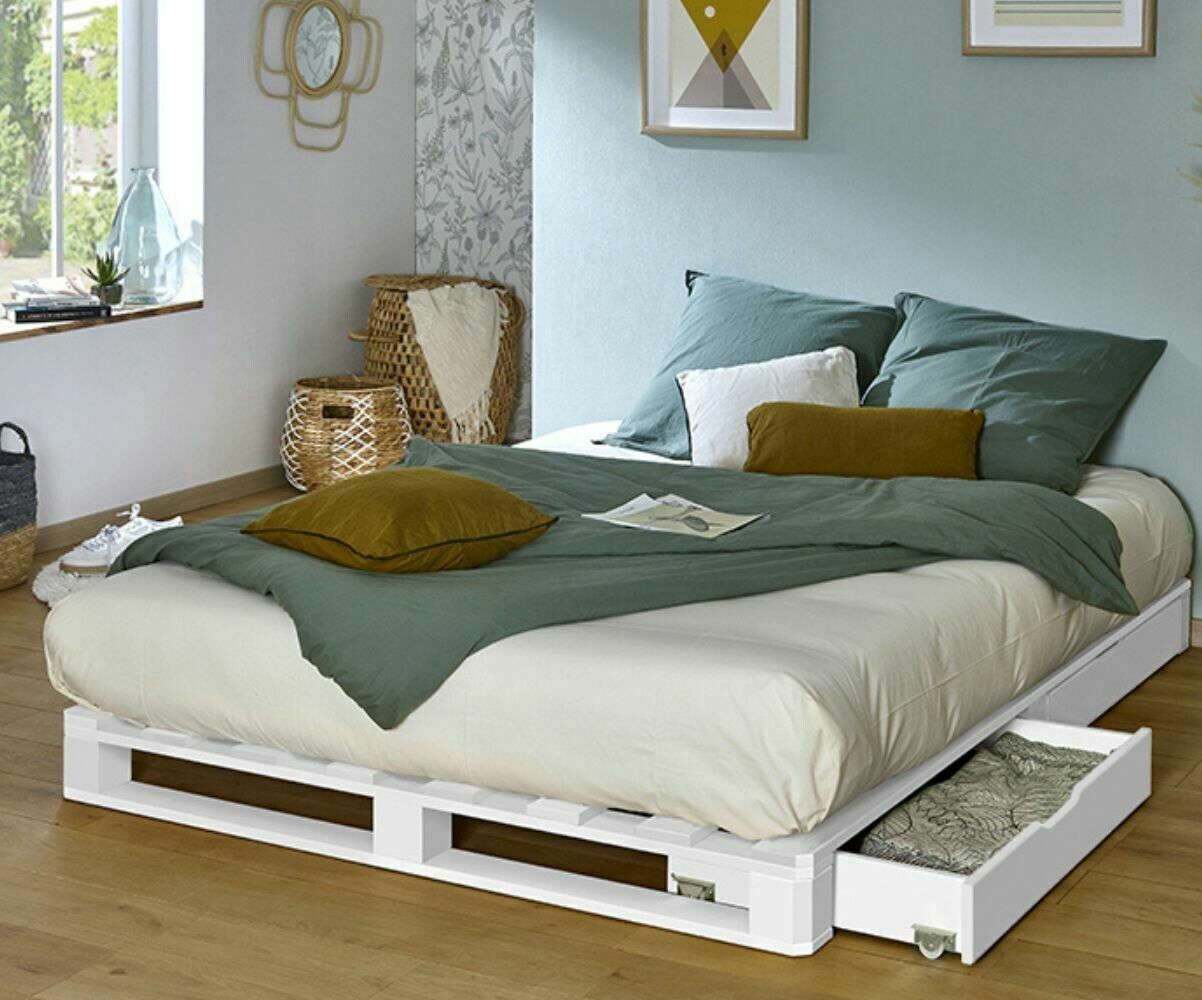 Ma Chambre d'Enfant Lit palette ado Aro Blanc 140x200 cm/Opt:4 tiroirs