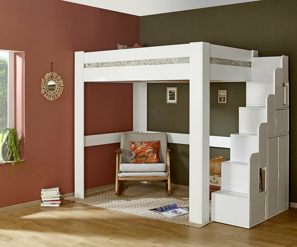 Ma Chambre d'Enfant Lit mezzanine enfant 2 places avec escalier Naolo Blanc 140x190 cm