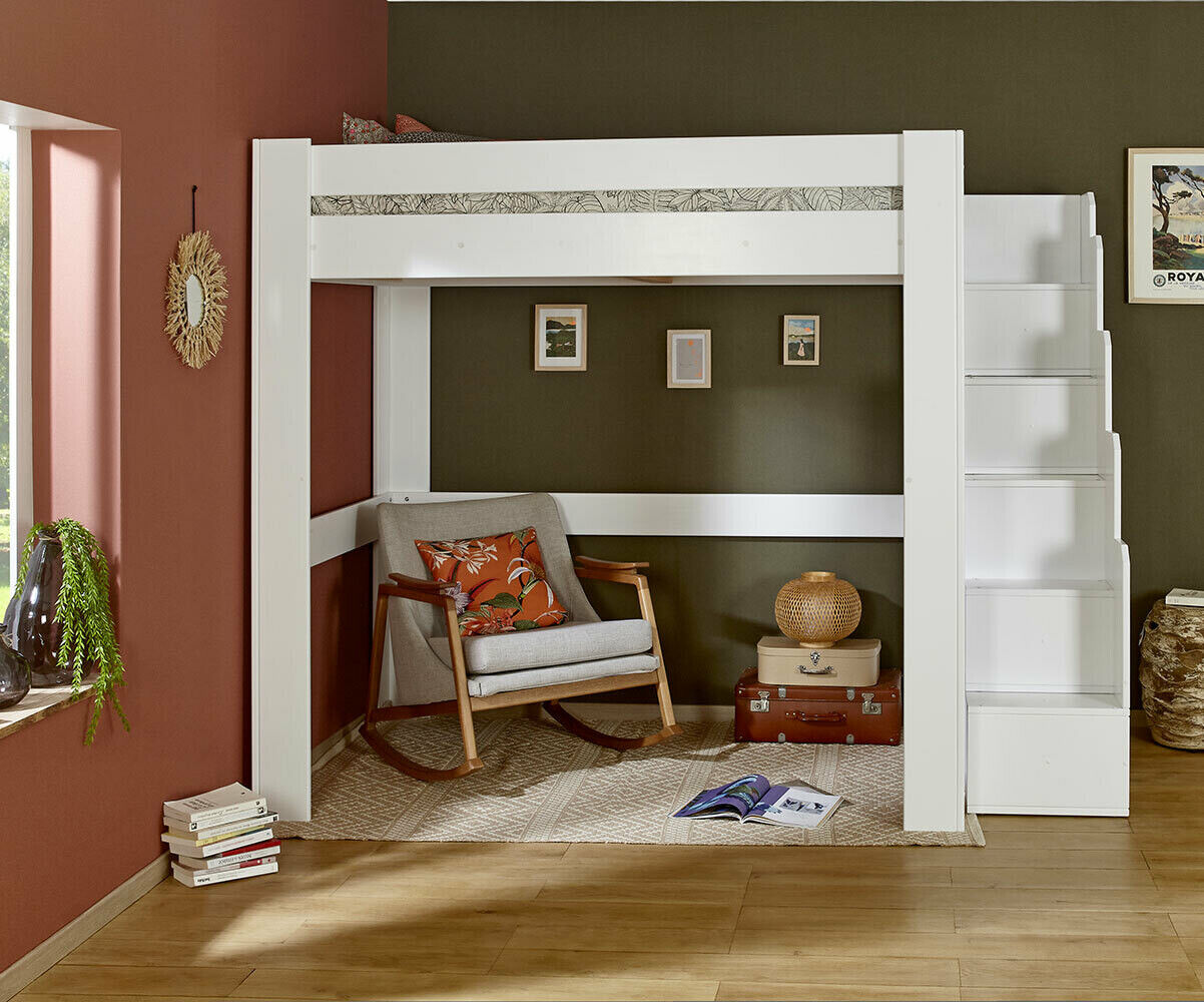 Ma Chambre d'Enfant Lit mezzanine adulte 2 places avec escalier Naolo Blanc 120x190 cm