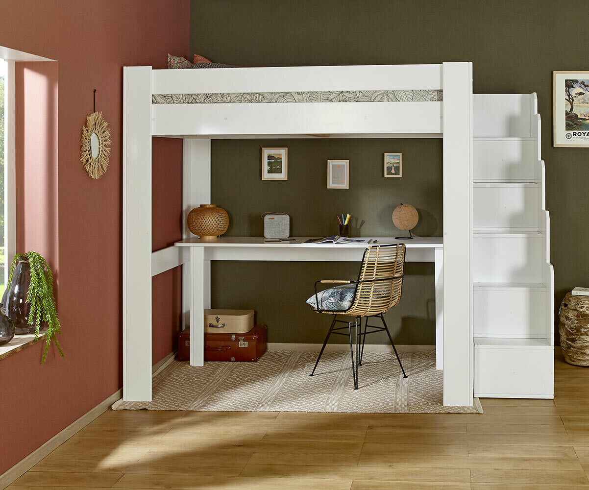 Ma Chambre d'Enfant Lit mezzanine enfant avec escalier et matelas Naolo Blanc 90x190 cm/Opt:Matelas Norway 13 cm