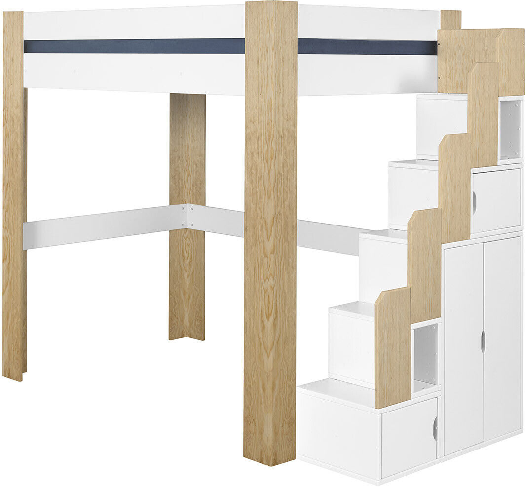 Ma Chambre d'Enfant Lit mezzanine enfant 2 places avec escalier et matelas Naolo Blanc et bois 120x190 cm