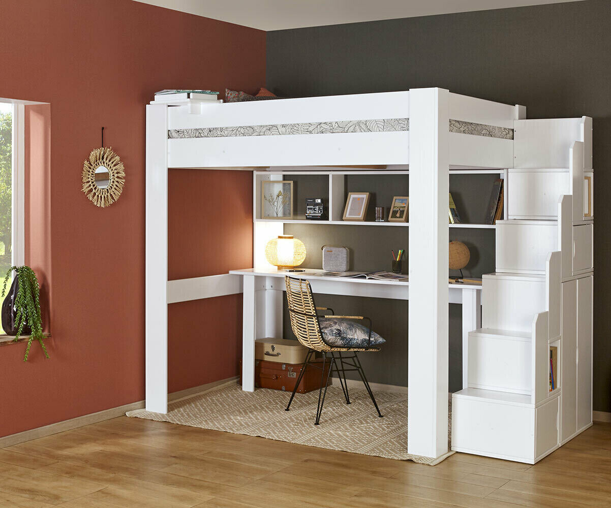 Ma Chambre d'Enfant Lit mezzanine ado 2 places avec escalier et bureau Naolo Blanc 120x190 cm