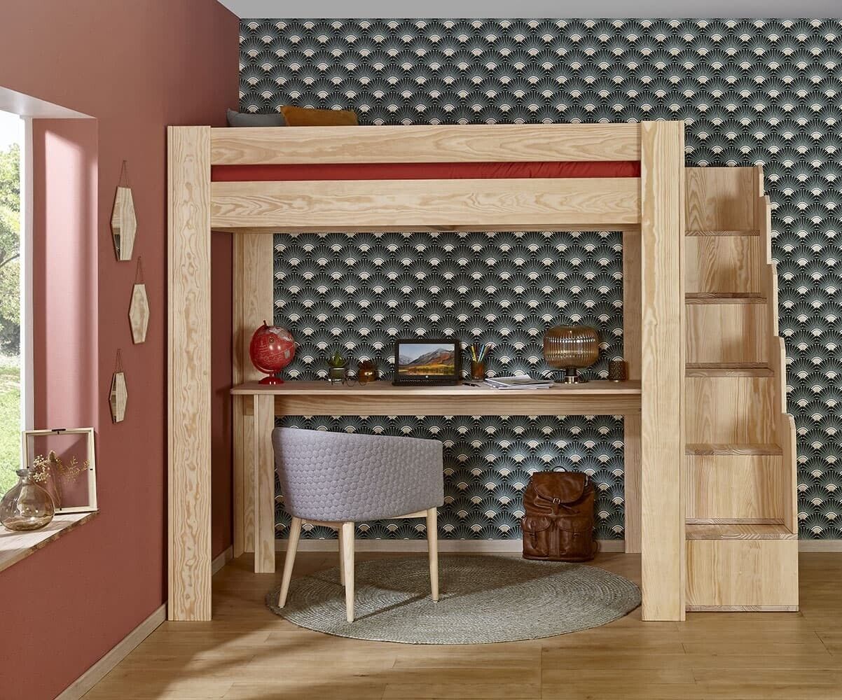 Ma Chambre d'Enfant Lit mezzanine adulte 2 places avec escalier et bureau Naolo Bois naturel 120x190 cm