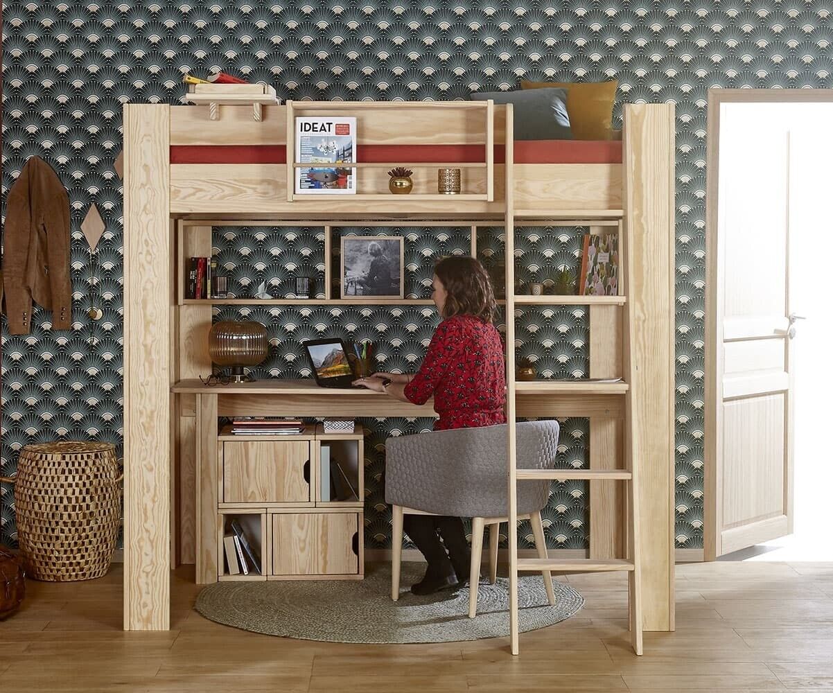 Ma Chambre d'Enfant Lit mezzanine adulte avec bureau Naolo Bois naturel 90x190 cm