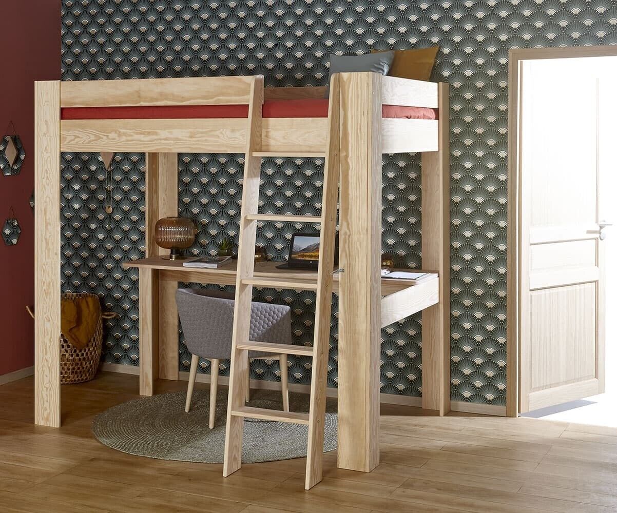 Ma Chambre d'Enfant Lit mezzanine enfant 2 places avec bureau Naolo Bois naturel 120x190 cm