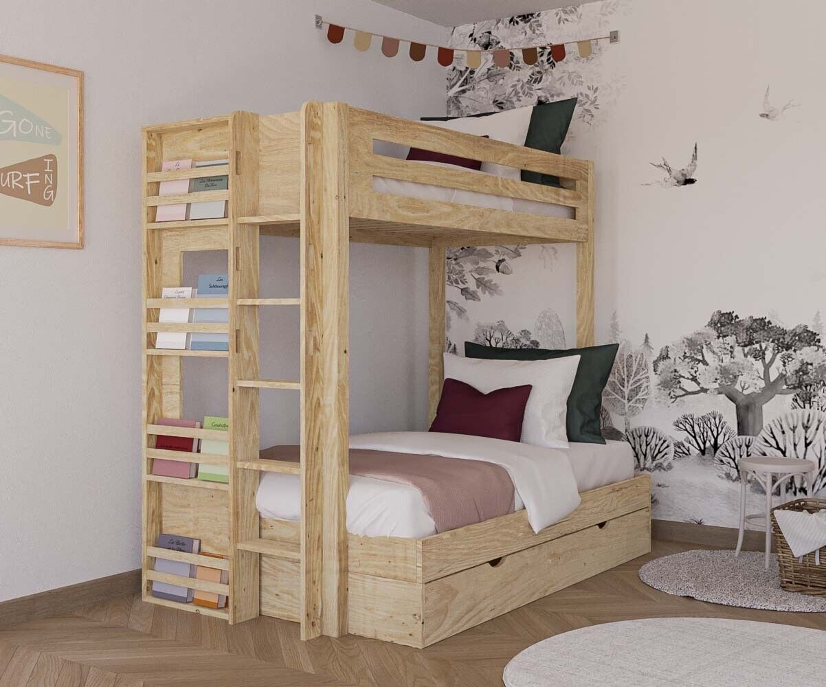 Ma Chambre d'Enfant Lit superposé enfant 4 couchages Burton Bois naturel 90-120x190 cm/Opt:Sommier gigogne 80x190 cm