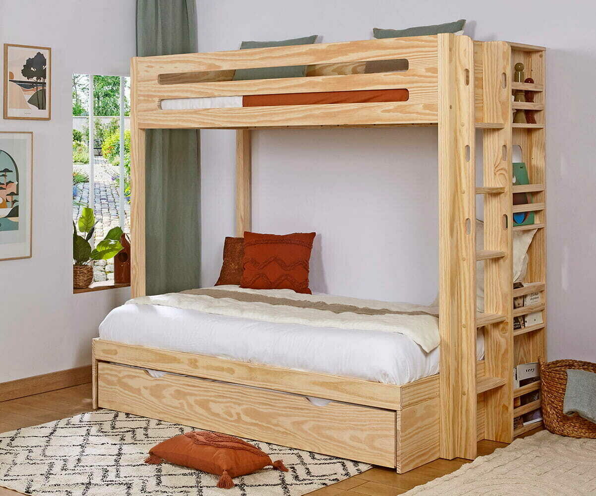 Ma Chambre d'Enfant Lit superposé gigogne adulte 3 places Burton Bois naturel 90-120x190 cm/Opt:Sommier gigogne 70x190 cm