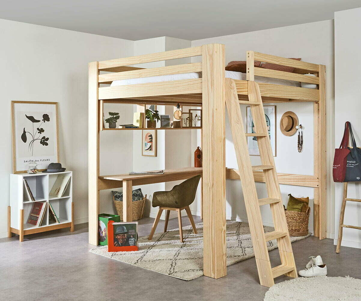Ma Chambre d'Enfant Lit mezzanine enfant évolutif en hauteur avec bureau Maverick Bois naturel 200x200 cm
