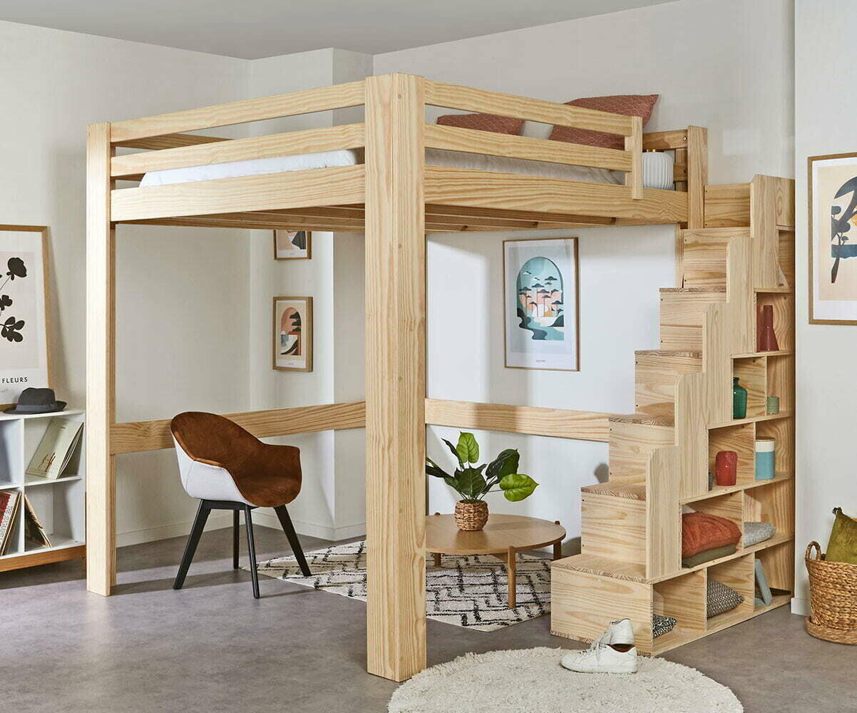 Ma Chambre d'Enfant Lit mezzanine enfant évolutif en hauteur avec escalier et matelas Maverick Bois naturel 200x200 cm/Opt:Matelas Airfresh 120x200 cm