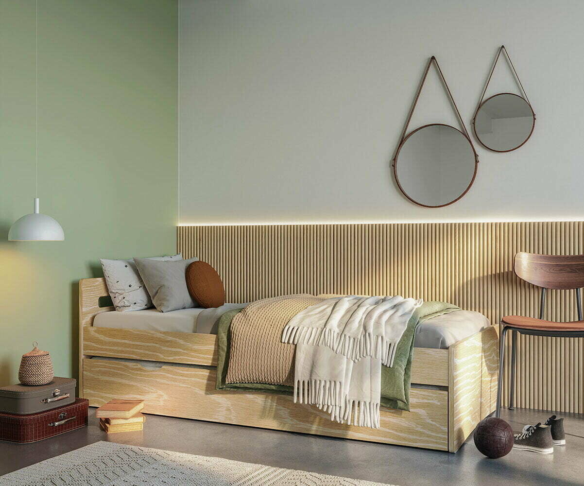 Ma Chambre d'Enfant Lit enfant avec sommier et matelas Taki Bois naturel 80x190 cm/Opt:Matelas Airfresh 15 cm