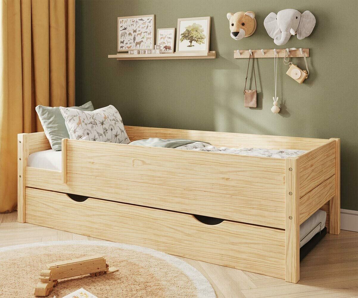 Ma Chambre d'Enfant Lit gigogne enfant avec 2 barrières et 2 matelas Combeebed Bois naturel 90x200 cm Sans caches sommier Matelas Airfresh 15 cm