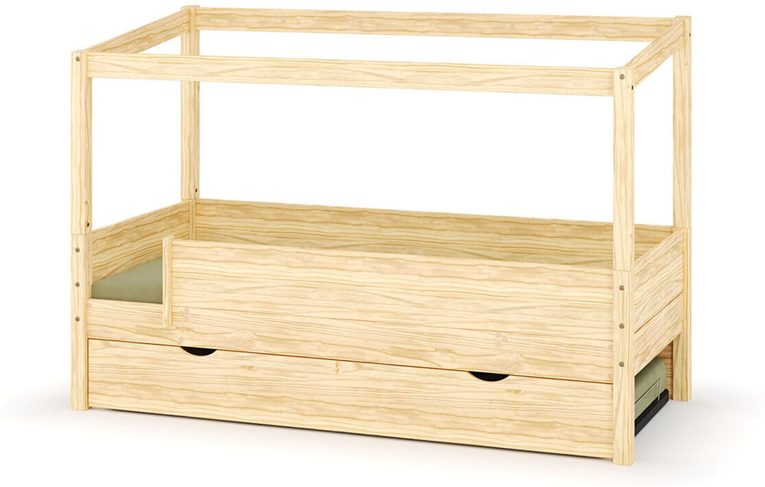 Ma Chambre d'Enfant Lit cabane gigogne enfant et matelas Combeebed Bois naturel 90x200 cm Sans caches sommier Sans toit et porte 2 barrières Matelas Norway 13 cm
