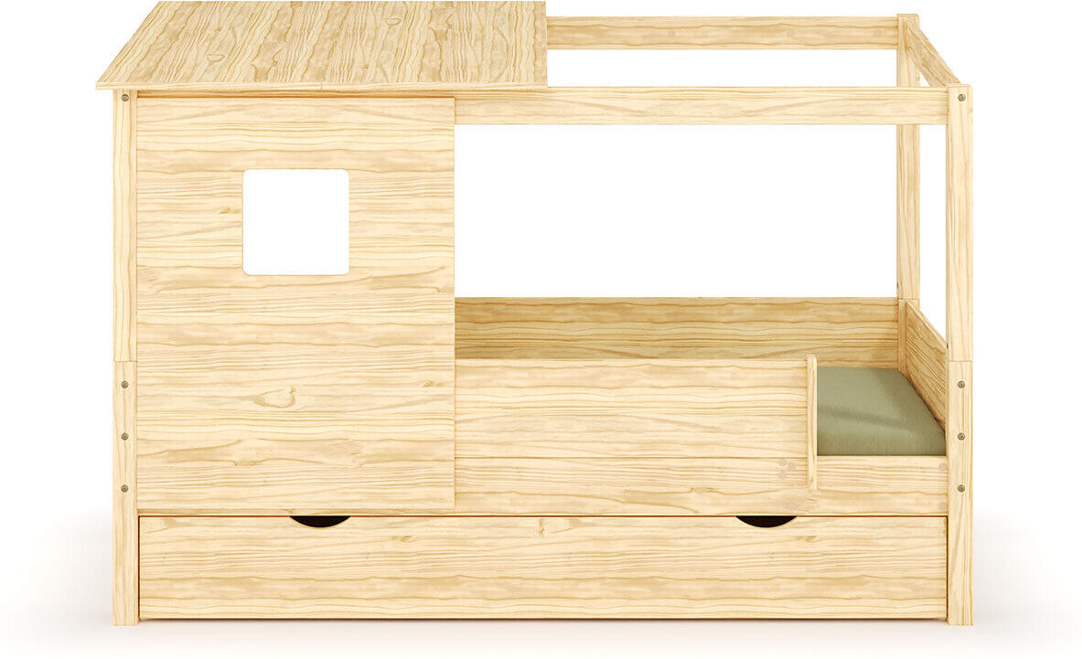 Ma Chambre d'Enfant Lit cabane gigogne enfant et matelas Combeebed Bois naturel 90x200 cm Sans caches sommier Avec toit et porte 2 barrières Matelas Airfresh 15 cm