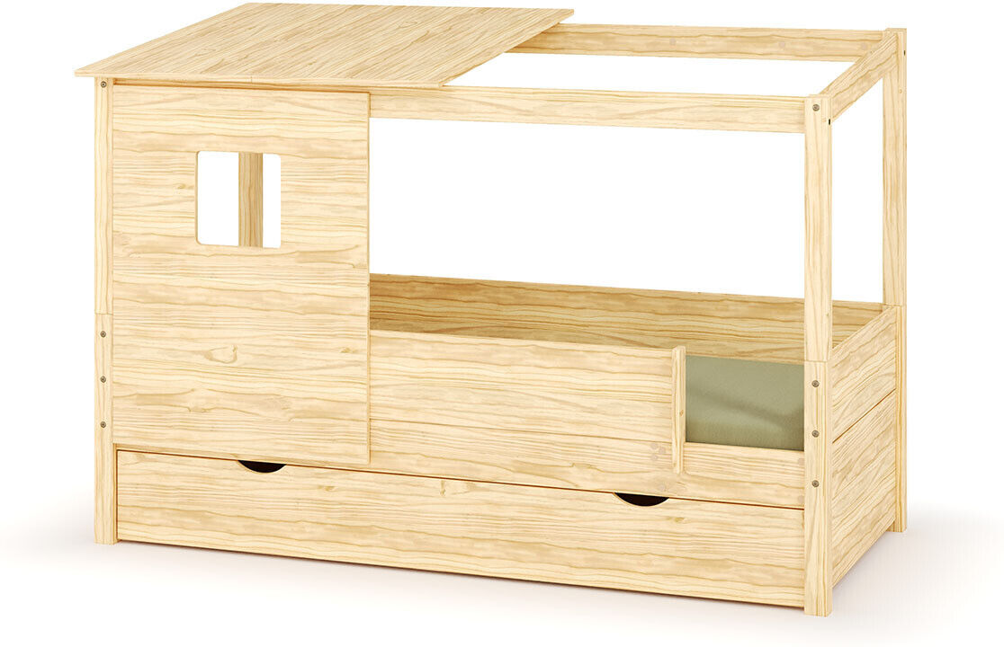 Ma Chambre d'Enfant Lit cabane gigogne enfant et matelas Combeebed Bois naturel 90x200 cm Avec caches sommier Avec toit et porte 2 barrières Matelas Norway 13 cm