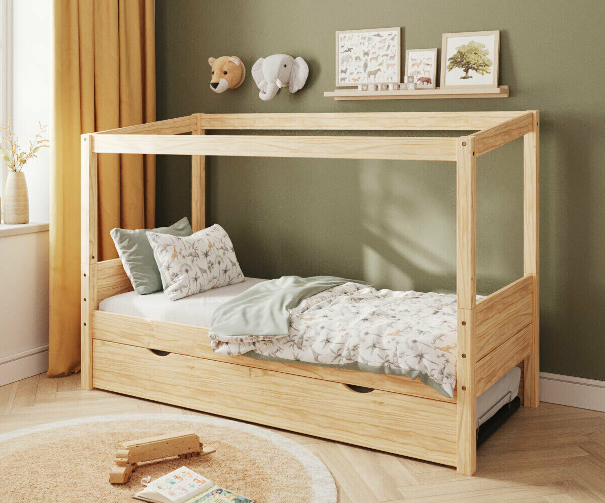 Ma Chambre d'Enfant Lit cabane gigogne enfant et matelas Combeebed Bois naturel 90x200 cm Sans caches sommier Sans toit et porte Sans barrière Matelas Airfresh 15 cm