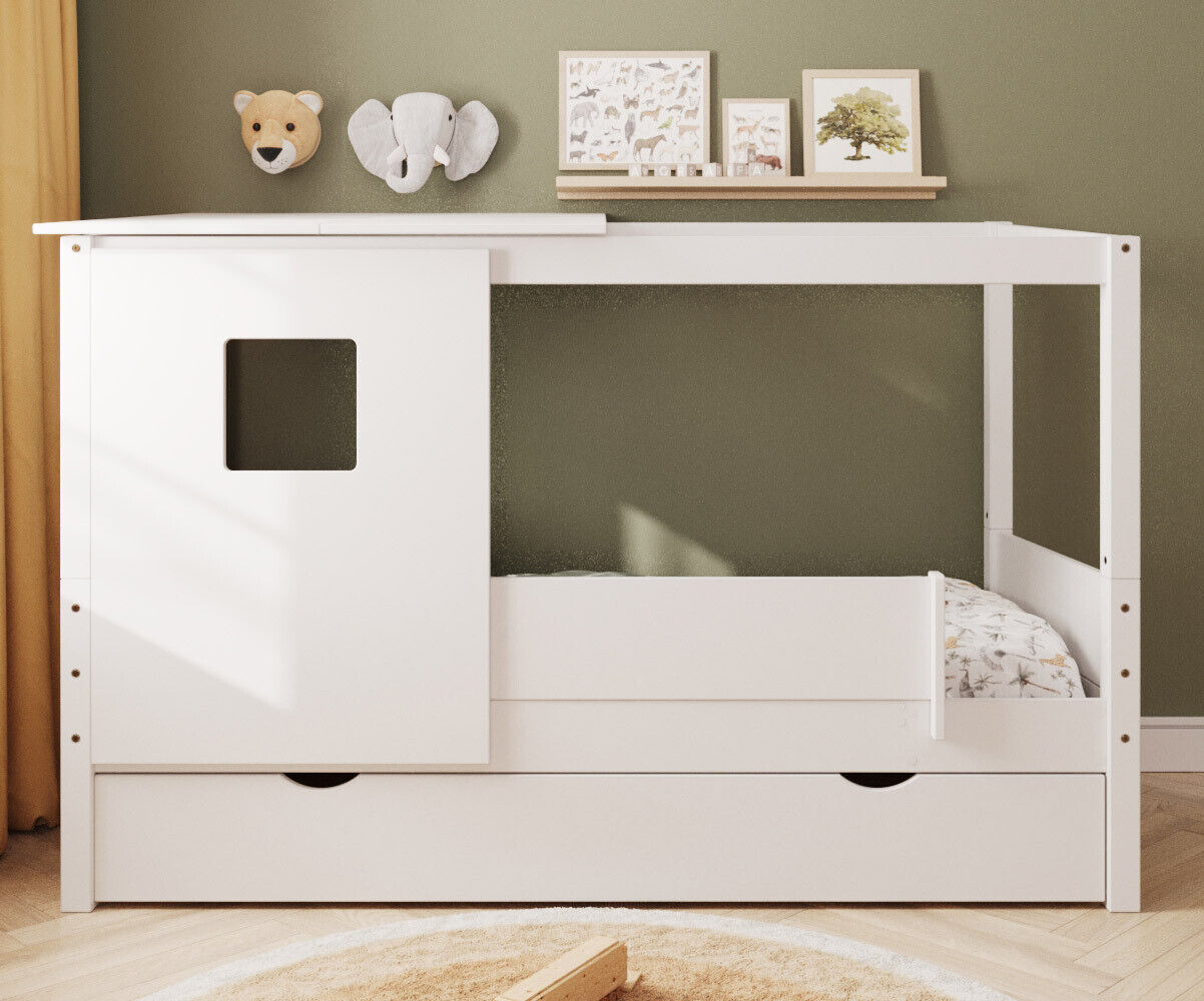 Ma Chambre d'Enfant Lit cabane gigogne enfant et matelas Combeebed Blanc 90x200 cm Sans caches sommier Avec toit et porte 1 barrière Matelas Norway 13 cm