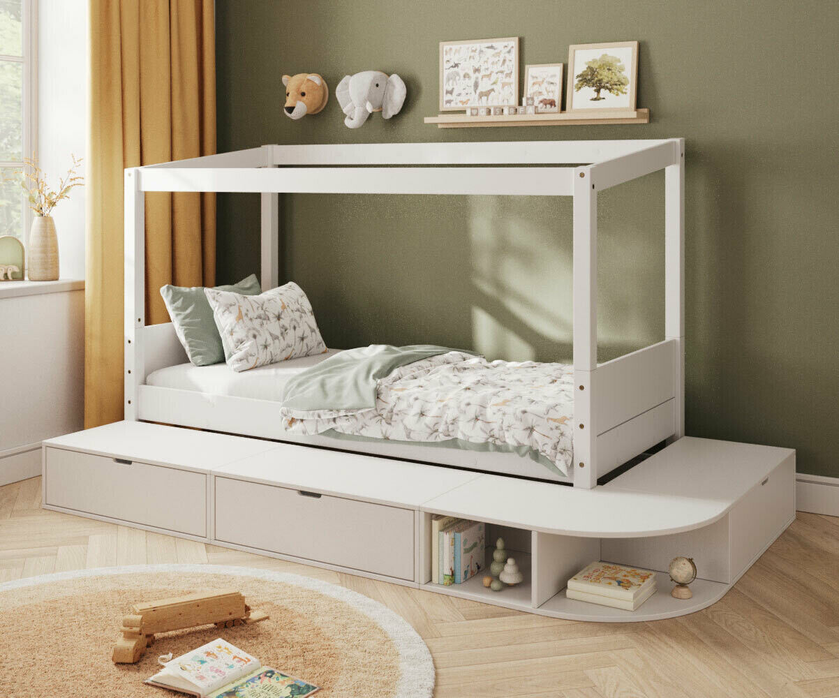 Ma Chambre d'Enfant Lit cabane enfant avec estrade et matelas Combeebed Blanc 90x200 cm Sans toit et porte Sans barrière Matelas Norway 13 cm