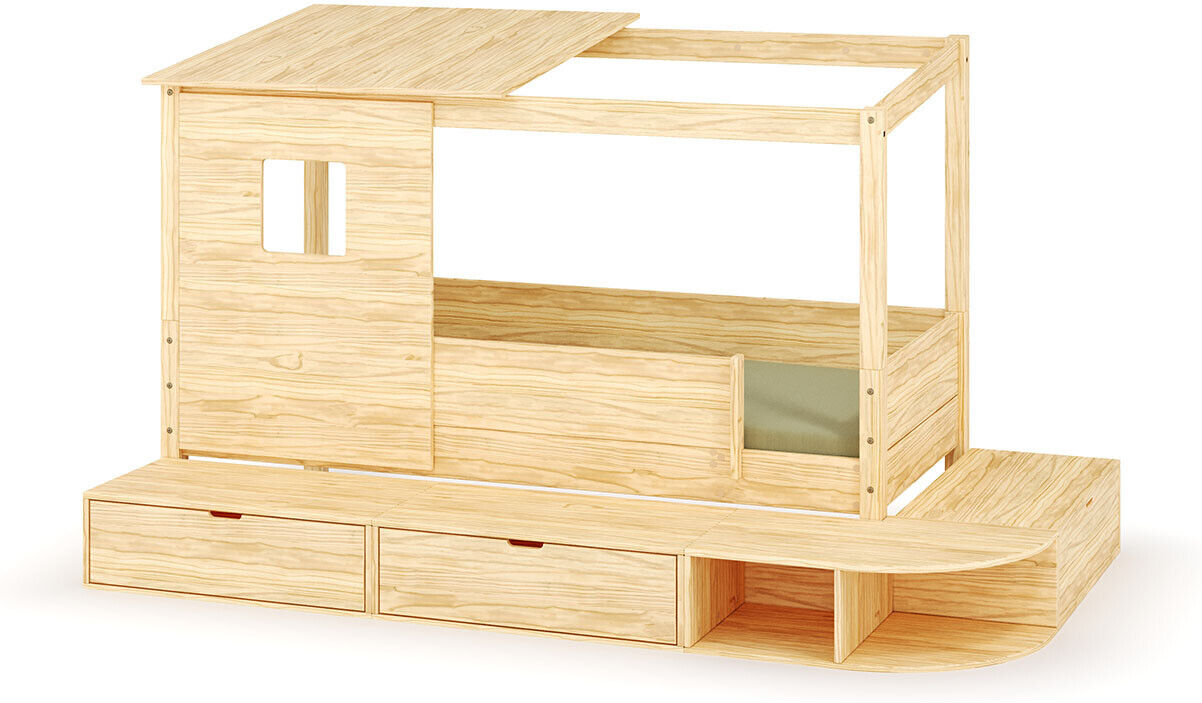 Ma Chambre d'Enfant Lit cabane enfant avec estrade et matelas Combeebed Bois naturel 90x200 cm Avec toit et porte 2 barrières Matelas Norway 13 cm