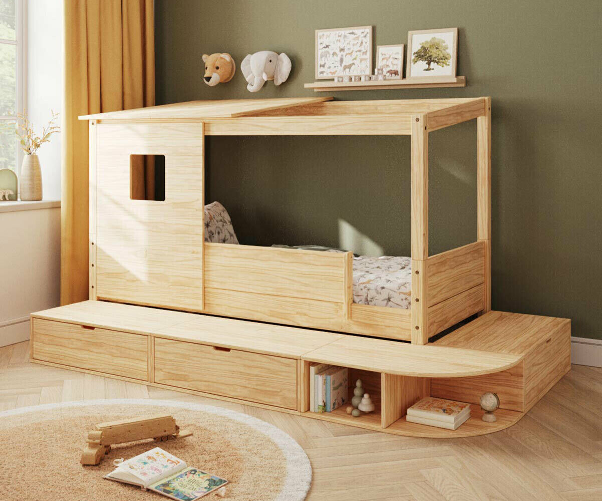 Ma Chambre d'Enfant Lit cabane enfant avec estrade et matelas Combeebed Bois naturel 90x200 cm Avec toit et porte Sans barrière Matelas Airfresh 15 cm