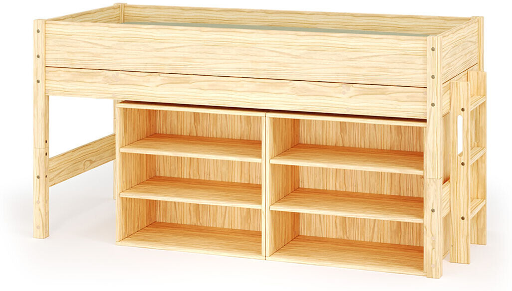 Ma Chambre d'Enfant Lit mi-hauteur enfant avec rangement et matelas Combeebed Bois naturel 90x200 cm Echelle petit côté 2 étagères Matelas Airfresh 15 cm
