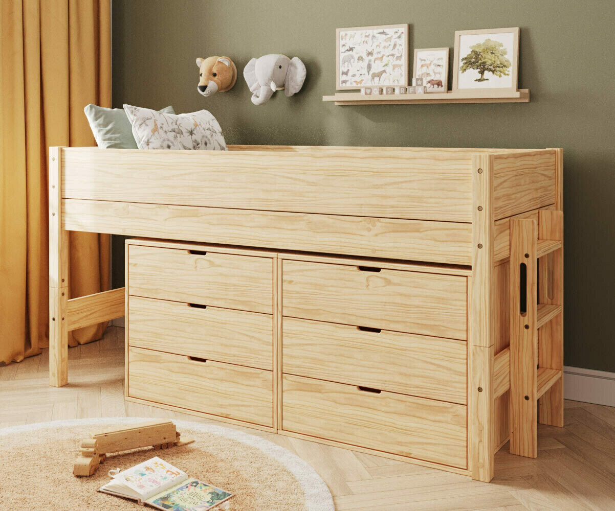 Ma Chambre d'Enfant Lit mi-hauteur enfant avec rangement et matelas Combeebed Bois naturel 90x200 cm Echelle petit côté 2 commodes Matelas Airfresh 15 cm